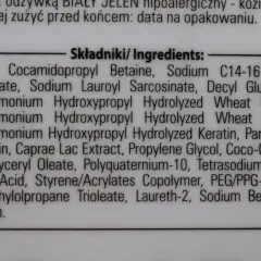 Składniki: Aqua, Cocamidopropyl Betaine, Sodium C14-16 Olefin Sulfonate, Sodium Lauroyl Sarcosinate, Decyl Glucoside, proteiny pszenicy, pantenol, gliceryna, mleko kozie.