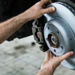 Mains d'un mécanicien installant un disque de frein neuf pour éviter le frein qui grince.