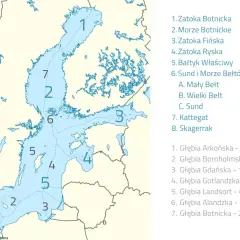 Mapa Bałtyku z zaznaczonymi głębiami. Największa głębia Bałtyku, Głębia Landsort, osiąga 459 m.