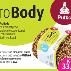 Chleb ProBody z niskim indeksem glikemicznym 33,5, bogaty w błonnik i białko, idealny dla diabetyków.