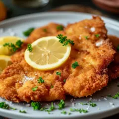 Goldbraunes Wiener Schnitzel, garniert mit Zitronenscheiben und Petersilie, auf einem grauen Teller.
