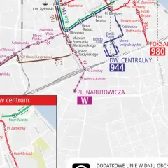 Mapa Warszawy z zaznaczonymi trasami autobusów 912, 944, 970 i 980.
