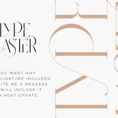 Elegant typography showcasing "TYPE MASTER" with custom ligatures in Illustrator. Text invites users to request specific ligatures for future updates.
