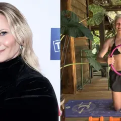 Małgorzata Kożuchowska wiek nie przeszkadza w aktywności fizycznej. Aktorka ćwiczy z hula-hop na tarasie.
