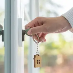 Mano insertando llave con llavero de casa en cerradura. El reflejo muestra la acción de vender casa alquilada.