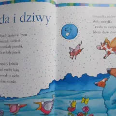 Ilustracja do krótkich wierszy dla dzieci Jana Brzechwy. Latające krówki, śmiejące się słonko i psy w krzakach.