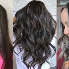 Peinados para disimular las canas: mechas plateadas y grises integradas en cabello oscuro, creando un look moderno y chic.