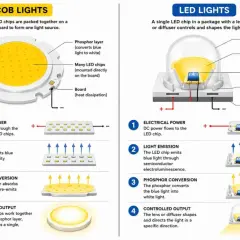 Diagrams show COB lights with many chips on one board for uniform light, and LED lights with a single chip and lens for directed light.