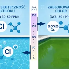Woda w basenie staje się zielona, gdy za wysokie pH wody w basenie objawy blokują chlor. Woda z czystym chlorem jest niebieska.