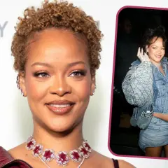 Rihanna w ciąży, uśmiechnięta, trzyma dziecko. Gwiazda w dżinsowej kurtce i spódniczce.