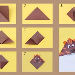 Pasos para crear un marcapáginas de tigre de origami, ideal para el día del libro para niños.