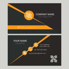 Modern business card template illustrator design with orange accents. Includes company name, website, and contact details.