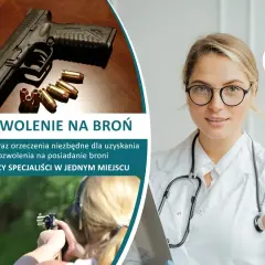 Pistolet i naboje, lekarka i strzelająca kobieta. Badania do pozwolenia na broń zgodnie z art. 15 ustawy o broni i amunicji.