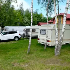 Wesoły camp Polska z przyczepami kempingowymi i białym autem, otoczony drzewami.