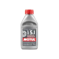 Motul DOT 5.1 brake fluid bottle. This non-silicone fluid is not to be mixed with DOT 5.