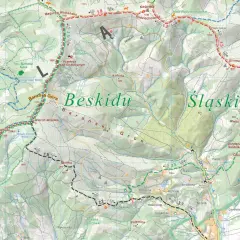 Mapa turystyczna Beskidu Śląskiego z zaznaczonymi szlakami, punktami i wysokościami.