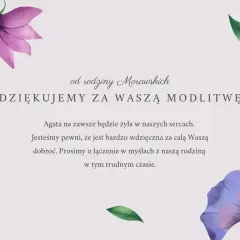 Podziękowania od rodziny Morawskich za modlitwę. Cytaty kondolencyjne podkreślają pamięć o Agacie i wdzięczność za dobroć.