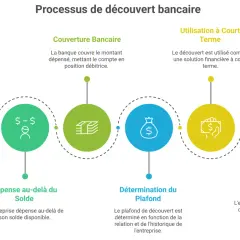 Le processus de découvert bancaire : autorisation, couverture, utilisation à court terme, détermination du plafond (qui indique de combien peut-on dépasser son découvert autorisé), et paiement des frais.
