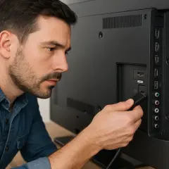 Mężczyzna próbuje podłączyć kabel do telewizora, ale coś sprawia, że telefon nie widzi telewizora.