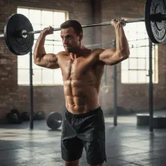 Mężczyzna wykonuje wyciskanie sztangi nad głowę podczas treningu crossfit.