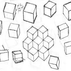 Un dibujo de varios cubos en diferentes perspectivas, algunos apilados formando una figura geométrica. Un boceto de cubo para practicar.