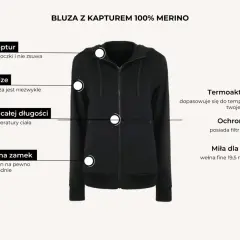 Czarna bluza z kapturem 100% Merino, krój oversize, termoaktywna, z ochroną UV i kieszeniami na zamek. Idealna bluza polaris na co dzień.
