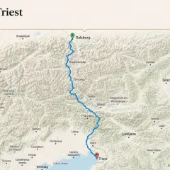 Karte zeigt die Route von Salzburg nach Triest, ideal für fernwanderwege in Frankreich.