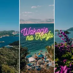 Widoki z Korfu: zatoka z łódkami, plaża z parasolami i urokliwa wysepka z kościółkiem. Idealne wakacje na Korfu!