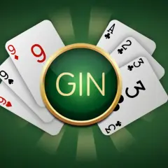 Spielkarten mit dem Wort "GIN" in der Mitte, die die Gin Rummy Regeln symbolisieren.