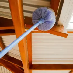Spazzola blu che rimuove un nido di ragno dal muro in legno.