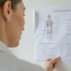 Lekarka analizuje schemat układu kostnego, zastanawiając się, czy do neurologa potrzebne jest skierowanie.