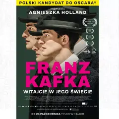 Plakat filmu "Franz Kafka. Witajcie w jego świecie" z Agnieszką Holland w reżyserii. Trzy twarze w kapeluszach tworzą surrealistyczny obraz.