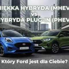 Niebieski Ford Puma Hybrid i zielony SUV obok siebie. Porównanie miękkiej hybrydy (MHEV) z hybrydą plug-in (PHEV).