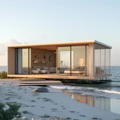 Nowoczesny dom z kontenera morskiego na plaży, z widokiem na morze. Wnętrze z sofą i łóżkiem, otoczone szkłem.