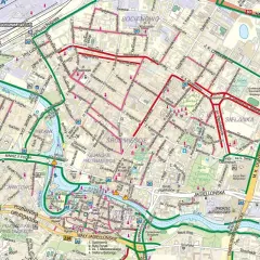 Mapa Bydgoszczy z zaznaczonymi trasami rowerowymi. Zielone linie to ścieżki, czerwone to propozycje tras rowerowych.