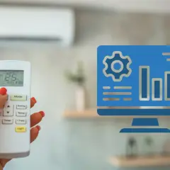 Controla tu aire acondicionado con Alexa. Un mando a distancia y un icono de ordenador con gráficos sugieren la gestión inteligente del clima.