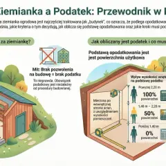 Ilustracja przedstawia przekrój ziemianki ogrodowej, wyjaśniając zasady opodatkowania i obliczania powierzchni użytkowej.