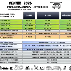 Cennik 2026: ile kosztuje pole namiotowe? Ceny za osobę, dzieci, zwierzęta, prąd, sanitariaty, wynajem namiotu i przyczepy.