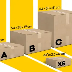 Różne wymiary paczki: A (64x38x8 cm), B (64x38x19 cm), C (64x38x41 cm) i XS (40x23x4 cm).