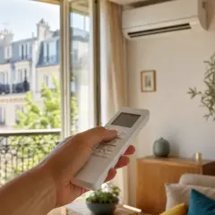 Main tenant utilise la télécommande pour activer le mode froid du climatiseur, profitant d'une brise fraîche dans son appartement parisien.