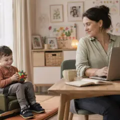 Kobieta pracuje przy laptopie, podczas gdy chłopiec bawi się zabawką.