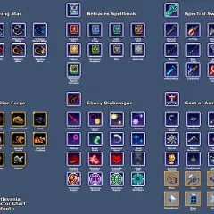 Wykres wyboru broni z Vampire Survivors. Znajdziesz tu wszystkie bronie i ich ulepszenia, podzielone na kategorie: Morning Star, Belnades Spellbook, Spectral Sword, Familiar Forge, Ebony Diabologue i Coat of Arms.
