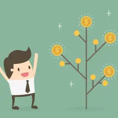 Un homme joyeux célèbre la croissance de son arbre à argent, symbolisant des frais irrépétibles et une prospérité florissante.