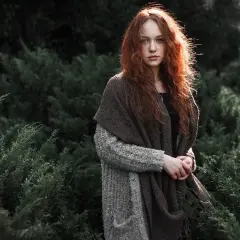 Rudowłosa dziewczyna w jesiennym swetrze i szalu, otoczona zielenią. Kreatywne zdjęcia uchwyciły jej eteryczną urodę.