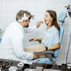 Lekarz bada pacjentkę z utratą głosu bez bólu gardła. Na stole leżą narzędzia laryngologiczne.