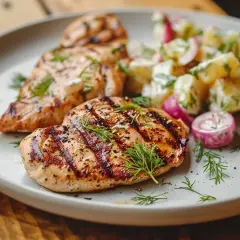 Saftig grillad kyckling med dill och en krämig potatissallad med rödlök. En perfekt sommarmåltid!
