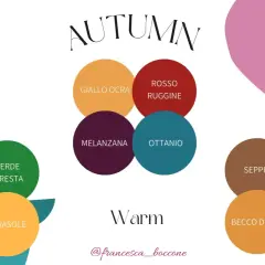 Palette di colori d'autunno: Deep, Warm e Soft. Cerchi colorati con nomi come caffè, melanzana, seppia, giallo oro.