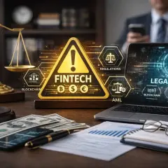 Balanza de justicia, martillo, dinero y portátil con "Legal Risks" y "Fintech". Un contrato de gestión en el mundo digital.