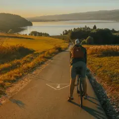 Rowerzysta na ścieżce Velo Dunajec Czorsztyn, złote światło zachodzącego słońca oświetla malowniczy krajobraz z jeziorem i wzgórzami.
