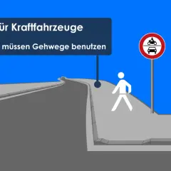 Verkehrszeichen 260 mit Zusatzschild: Verbot für Kraftfahrzeuge. Fußgänger müssen Gehwege benutzen.